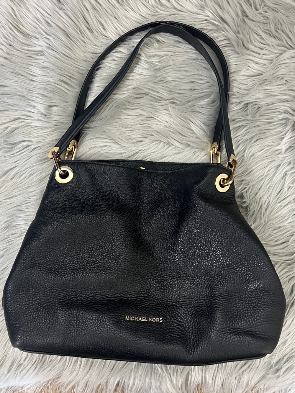Michael Kors Black Pebbled Leather Shoulder Tote with Gold Hardware